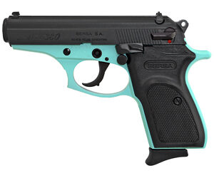 Compact semi-automatic pistol with teal frame and black slide, side view