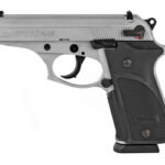 Side view of a silver semi-automatic pistol with a black textured grip.