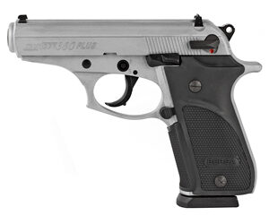Side view of a silver semi-automatic pistol with a black textured grip.