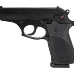 Black semi-automatic pistol shown in profile with a textured grip on a white background.