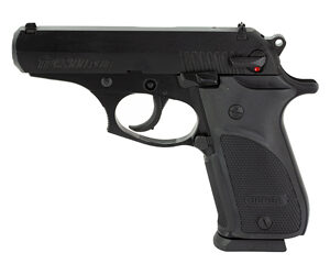 Black semi-automatic pistol shown in profile with a textured grip on a white background.