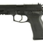Side view of a black semi-automatic handgun with a textured grip and safety features visible
