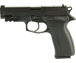 Side view of a black semi-automatic handgun with a textured grip and safety features visible