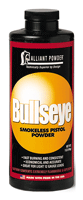 Bottle of Bullseye smokeless pistol powder with red label and yellow bullseye graphic (reloading powder container).