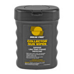 Gray canister labeled Break Free Collector Gun Wipes with a black lid, a wipe kit for gun maintenance and long-term storage protection.”