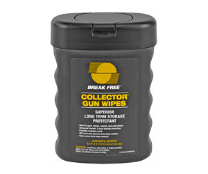 Gray canister labeled Break Free Collector Gun Wipes with a black lid, a wipe kit for gun maintenance and long-term storage protection.”