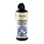 Bottle of Break Free Performance Synthetic Gun Oil for firearms with a black cap and blue label.