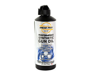 Bottle of Break Free Performance Synthetic Gun Oil for firearms with a black cap and blue label.