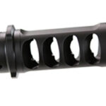 Black muzzle brake with four large circular vents and a mounting flange on the left end