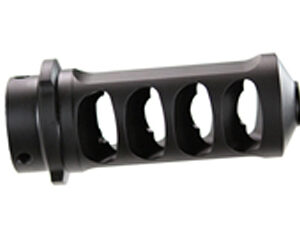 Black muzzle brake with four large circular vents and a mounting flange on the left end