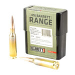 Box of 416 Barrett Range ammunition with two brass rifle cartridges beside it on a white background.