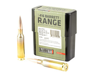 Box of 416 Barrett Range ammunition with two brass rifle cartridges beside it on a white background.