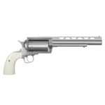 Silver revolver handgun with a long barrel and ivory-colored grip, shown from the side.