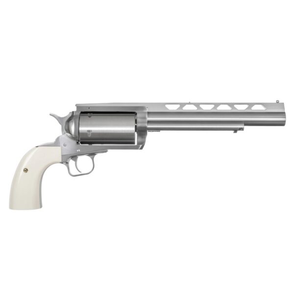 Silver revolver handgun with a long barrel and ivory-colored grip, shown from the side.