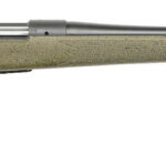 Bolt-action hunting rifle with a textured olive-green stock and long black barrel, shown in profile on a white background.