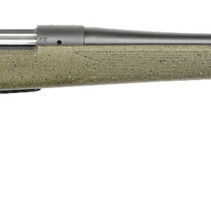 Bolt-action hunting rifle with a textured olive-green stock and long black barrel, shown in profile on a white background.
