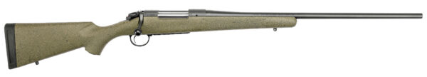 Bolt-action hunting rifle with a textured olive-green stock and long black barrel, shown in profile on a white background.