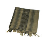Beige keffiyeh-style scarf with black geometric patterns and fringed ends.