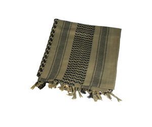Beige keffiyeh-style scarf with black geometric patterns and fringed ends.