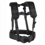 Black adjustable full-body harness with padded shoulder straps and waist belt with quick-release buckle.