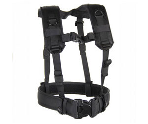 Black adjustable full-body harness with padded shoulder straps and waist belt with quick-release buckle.