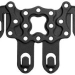 Black metal mounting plate with three arms and multiple holes, likely an RC drone frame component