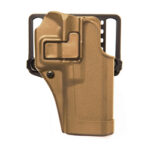 Tan polymer pistol holster with a belt clip and adjustable retention
