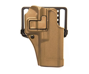 Tan polymer pistol holster with a belt clip and adjustable retention