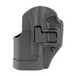 Black polymer handgun holster with retention latch, shown from the side (shielding a pistol grip) for belt carry