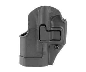 Black polymer handgun holster with retention latch, shown from the side (shielding a pistol grip) for belt carry