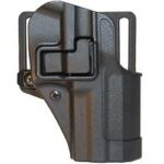Black polymer pistol holster with belt clip and mounting rail.