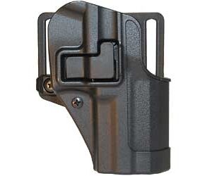 Black polymer pistol holster with belt clip and mounting rail.