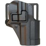 Polymer handgun holster with integrated belt clip, shown from the side.
