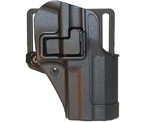 Polymer handgun holster with integrated belt clip, shown from the side.