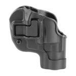 Dark gray polymer holster for a handgun, showing retention area and mounting screws
