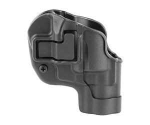 Dark gray polymer holster for a handgun, showing retention area and mounting screws
