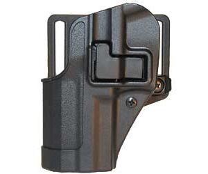 Black polymer outside-the-waistband handgun holster with retention strap and belt clip.
