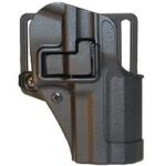 Black polymer handgun holster with retention hood and belt clip for duty or concealed carry