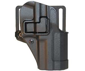 Black polymer handgun holster with retention hood and belt clip for duty or concealed carry