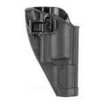 Black polymer handgun holster with retention strap and belt clip