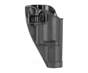 Black polymer handgun holster with retention strap and belt clip