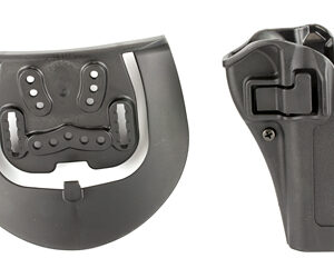 Modular handgun holster components: a left retention platform with adjustable slots and a right belt-clip holster shell.