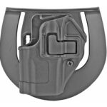 Open handgun holster with retention clip mounted on a curved platform (grayscale) for secure carry