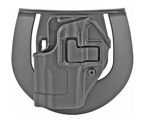 Open handgun holster with retention clip mounted on a curved platform (grayscale) for secure carry