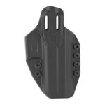 Black polymer handgun holster with belt clip and multiple screw-fastened retention points, shown from the front