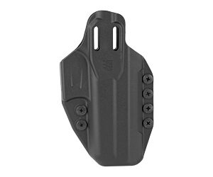 Black polymer handgun holster with belt clip and multiple screw-fastened retention points, shown from the front