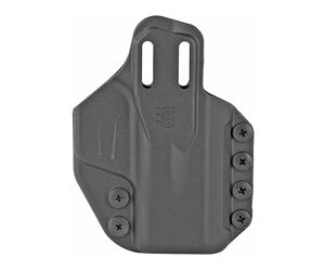 Black polymer pistol holster with adjustable retention screws and belt-clip slots, designed to hold a handgun.