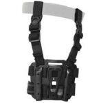 Black tactical chest rig with adjustable shoulder straps and front MOLLE pouches for carrying magazines and gear.
