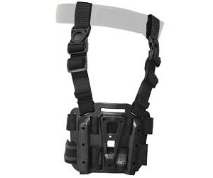 Black tactical chest rig with adjustable shoulder straps and front MOLLE pouches for carrying magazines and gear.