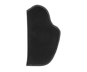 Black leather holster pouch with visible stitching, curved contour